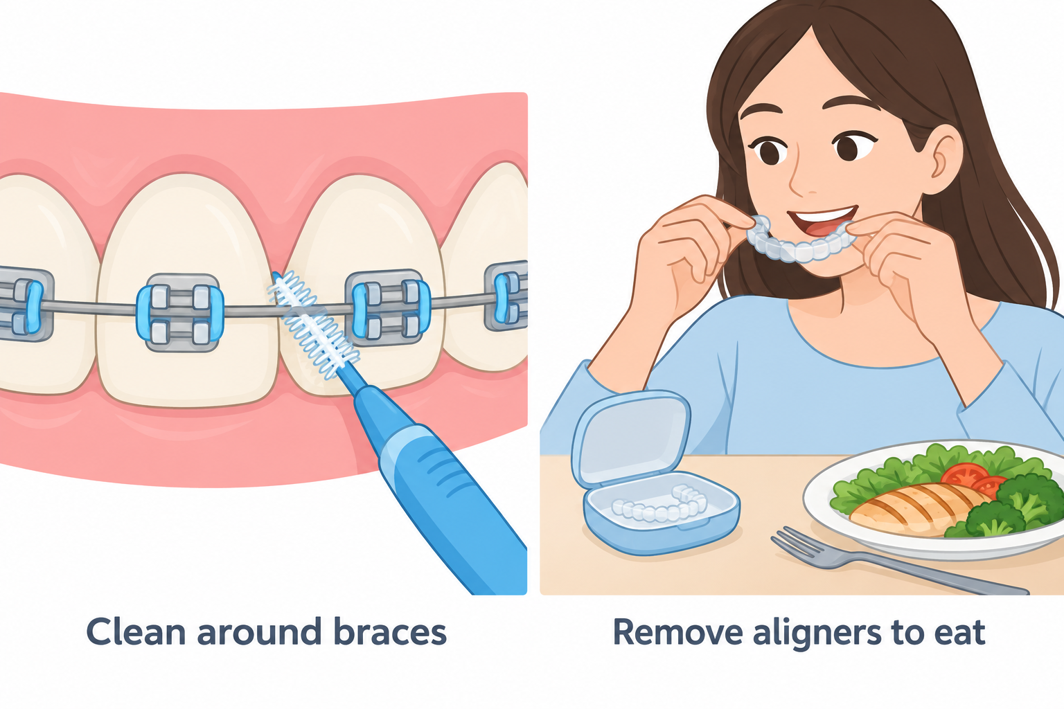 Cleaning carefully around braces, and removing clear aligners before meals.