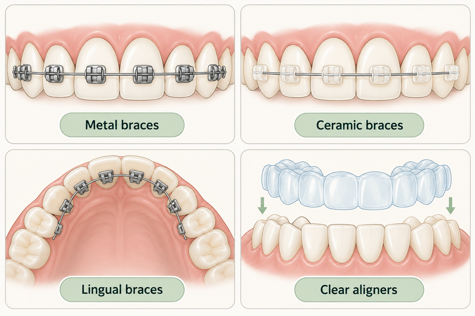 Comparison of front-mounted braces, lingual braces behind the teeth, and removable clear aligners.