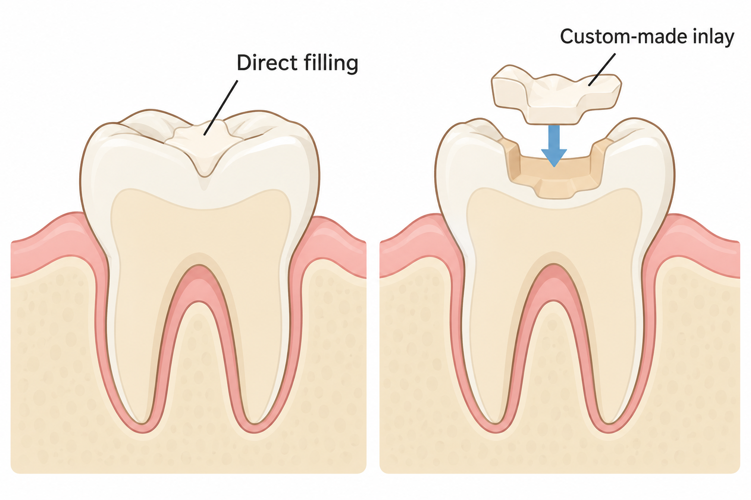 A direct filling is placed in the tooth; a separately made inlay fits inside a larger prepared cavity.