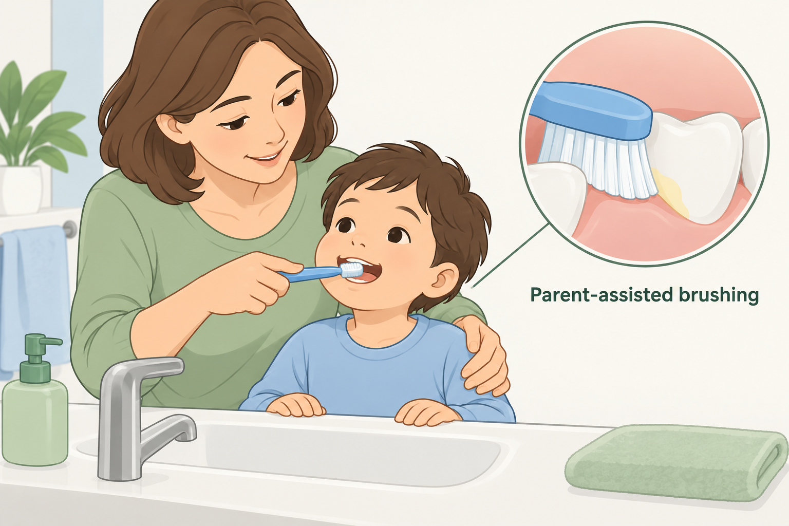 A parent helps a young child brush with a small soft toothbrush.