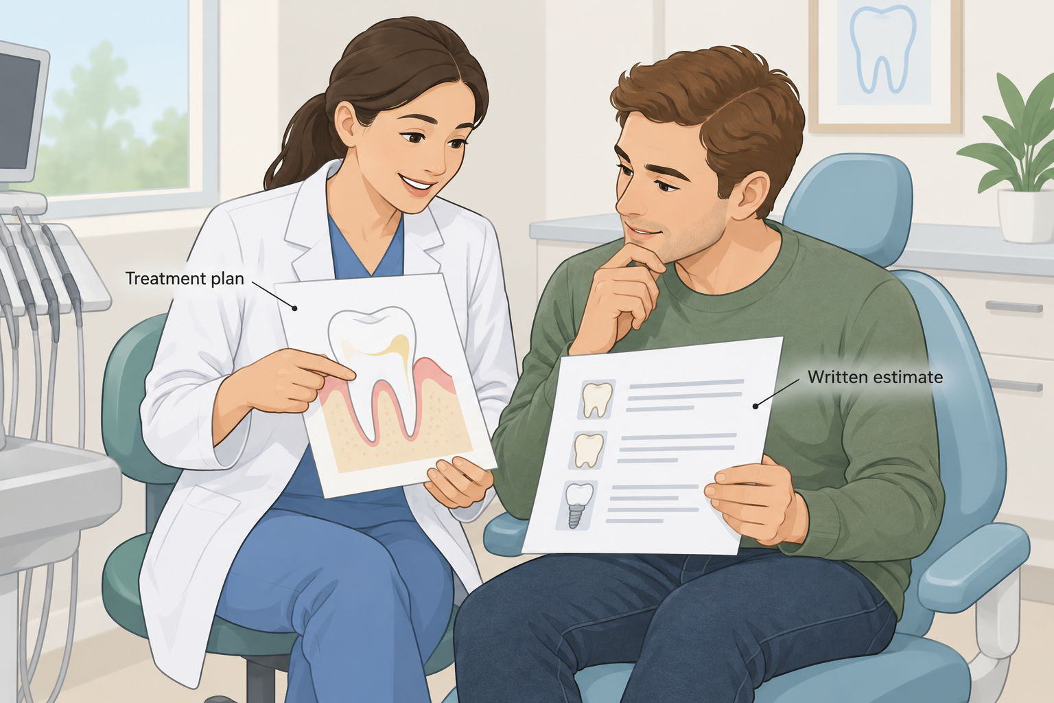 A dentist explains a treatment plan and a written estimate to a patient.