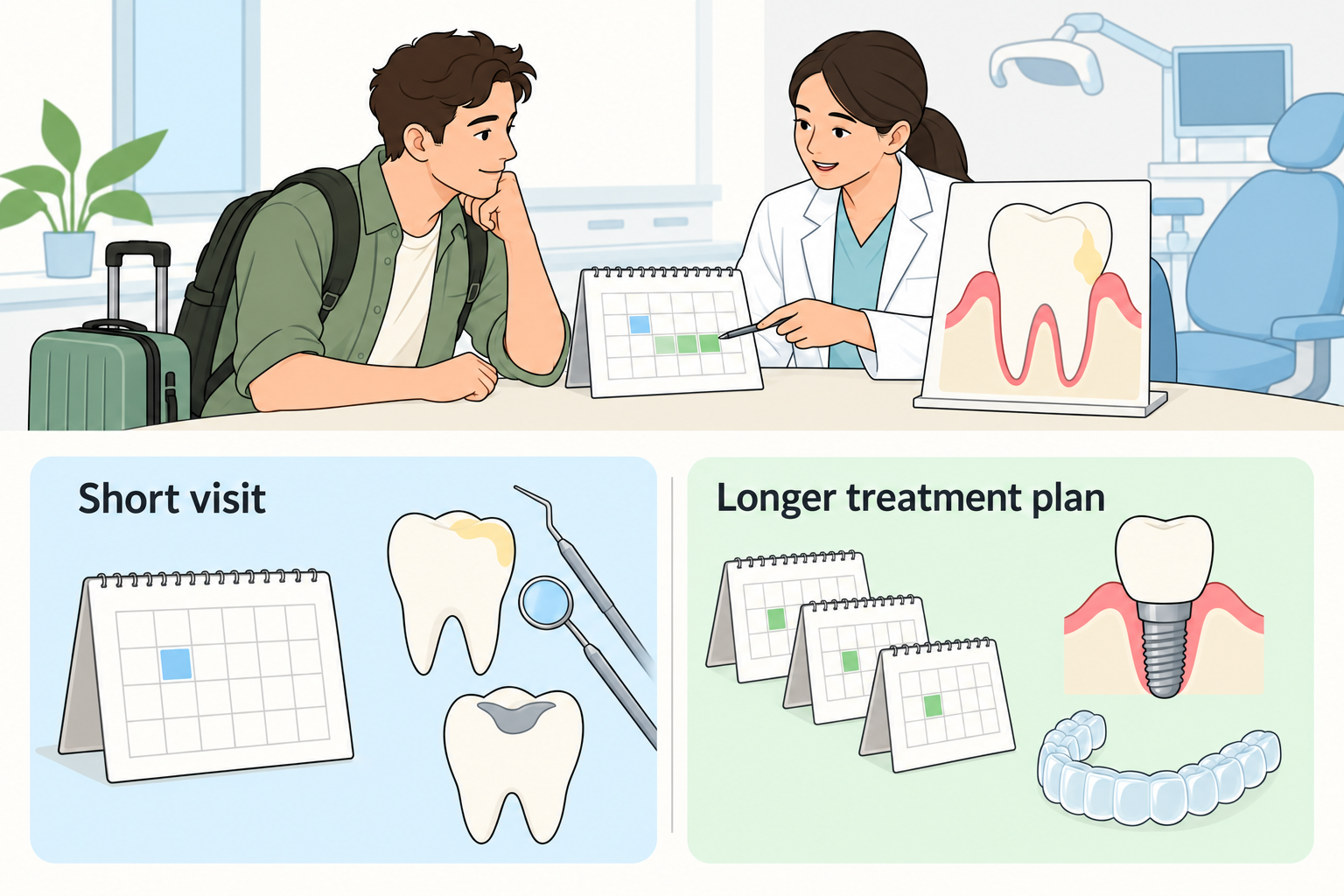 A traveler and dentist plan dental care around available time and possible return visits.