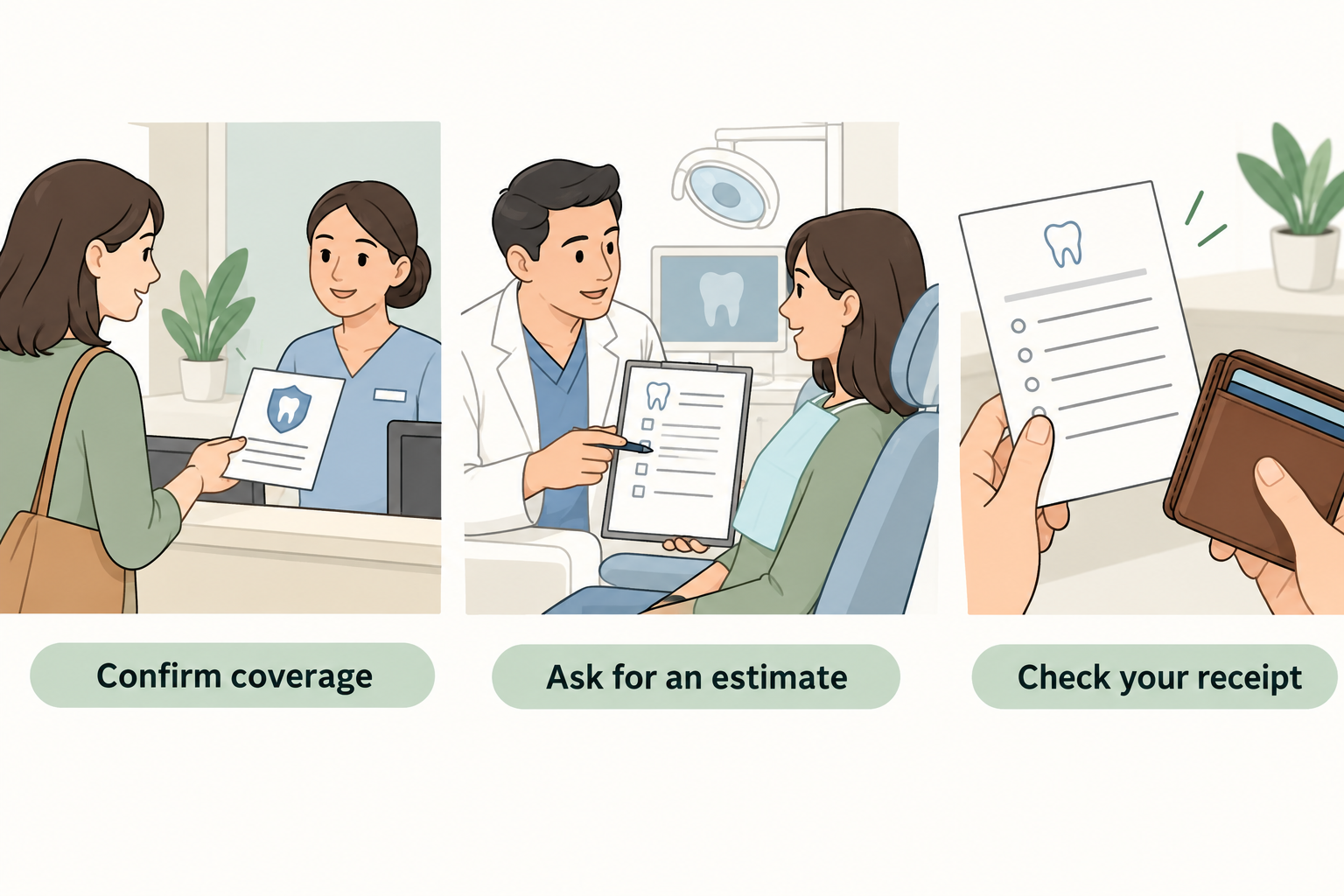 Confirming insurance coverage, requesting an estimate, and checking an itemized receipt.