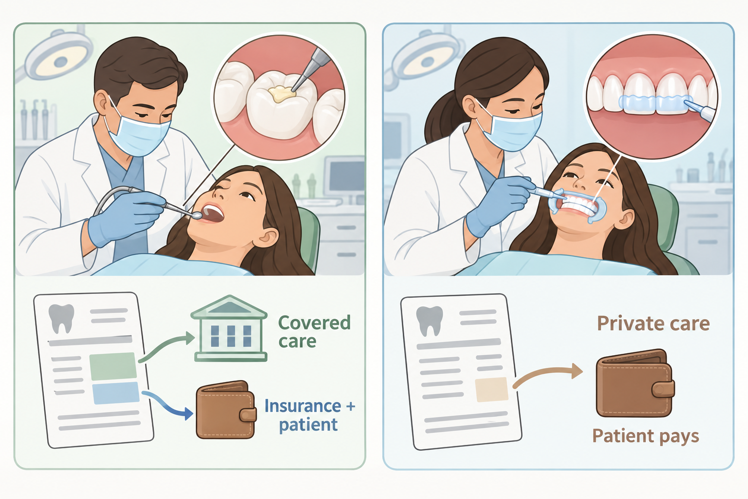 Covered care shares costs between insurer and patient, while private whitening is paid by the patient.