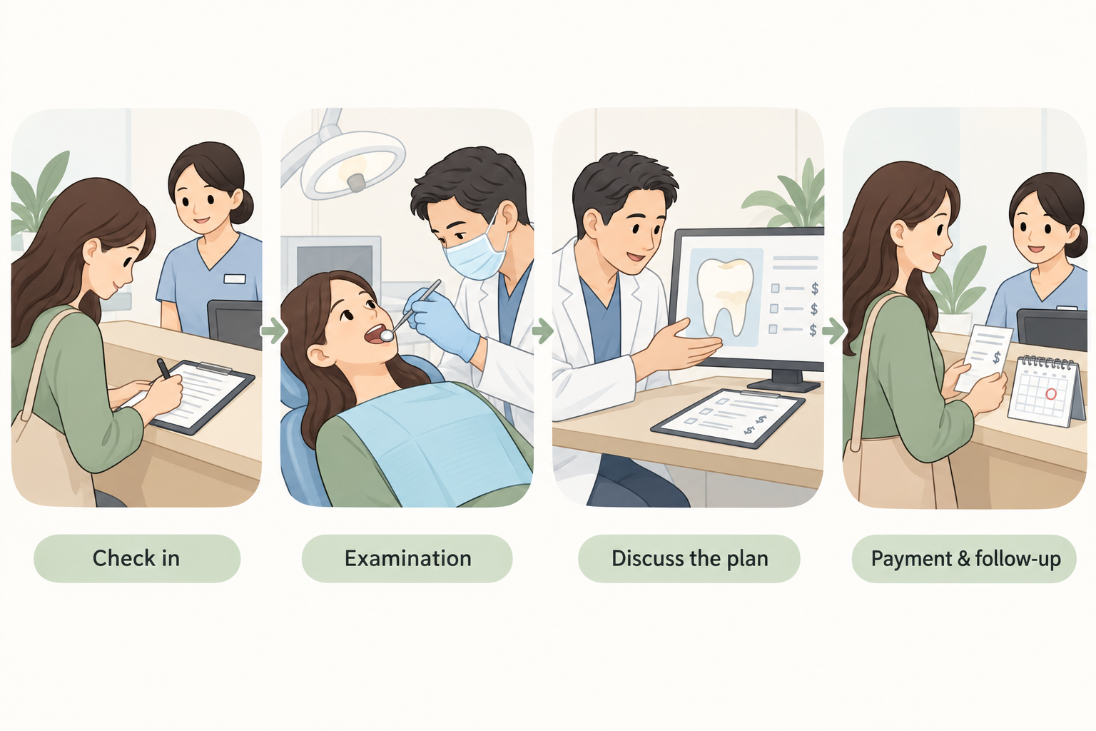 Reception, dental examination, discussion of the plan, and payment with follow-up booking.
