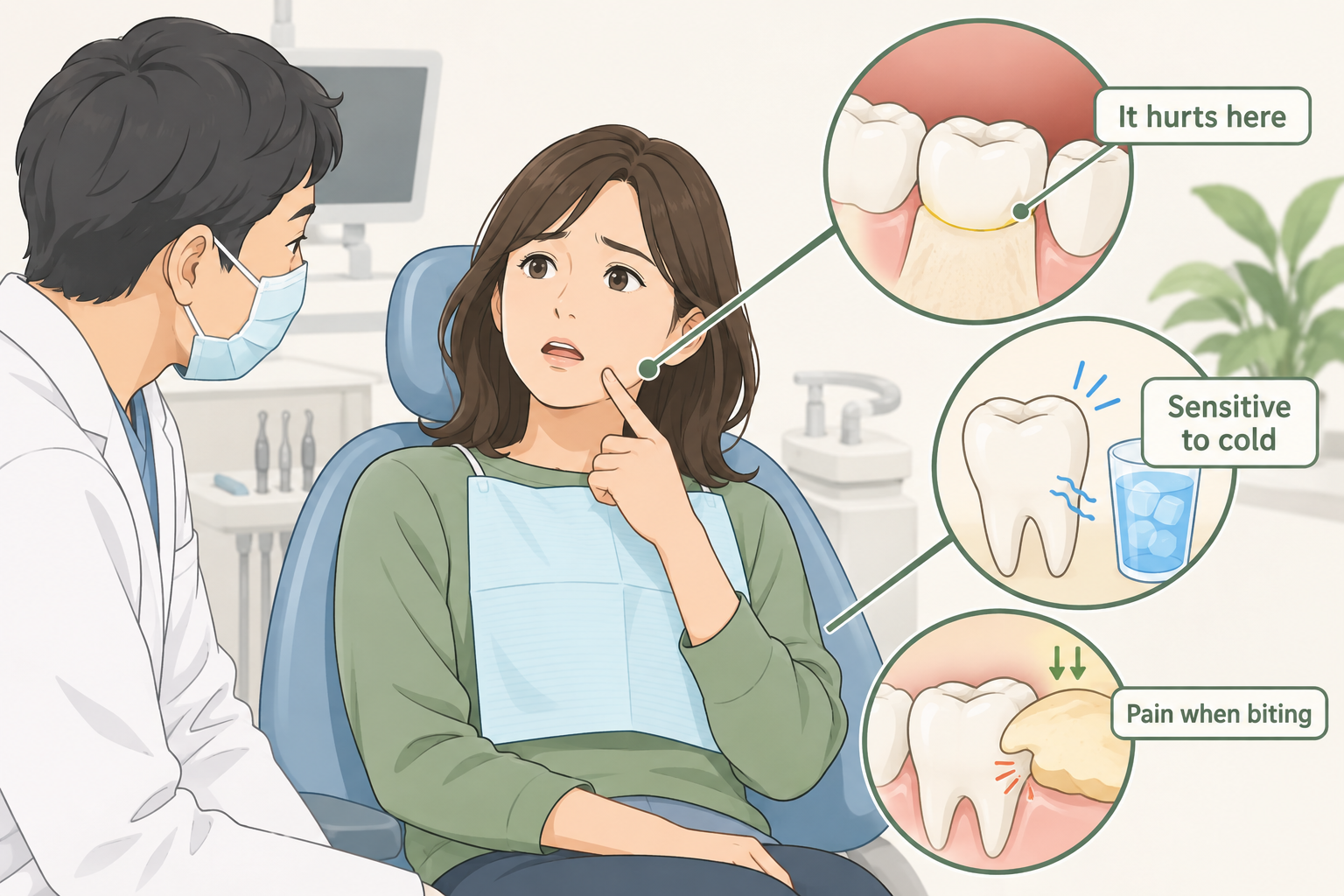 Pointing to the painful area and describing cold sensitivity or pain when biting.