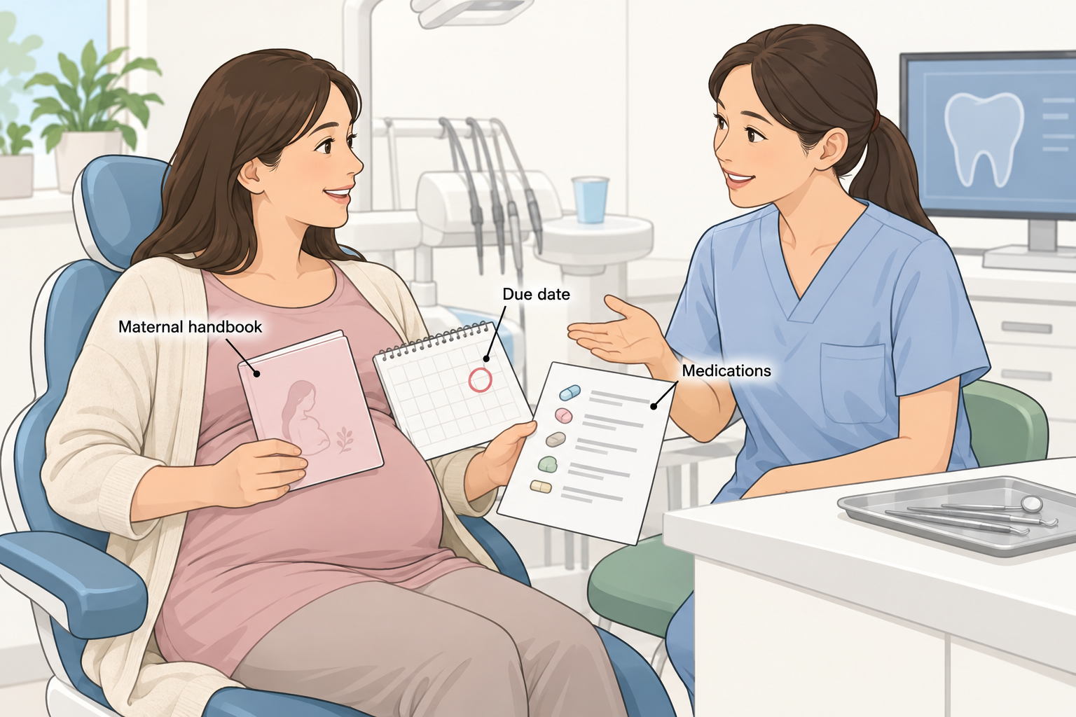 A pregnant patient shares the maternal handbook, due date, and medication information with the dentist.