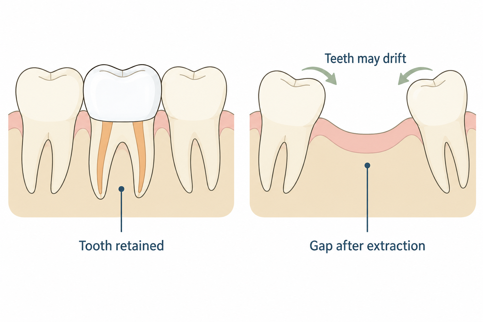 Root canal treatment retains the natural tooth; after extraction, an unfilled gap can allow nearby teeth to drift.