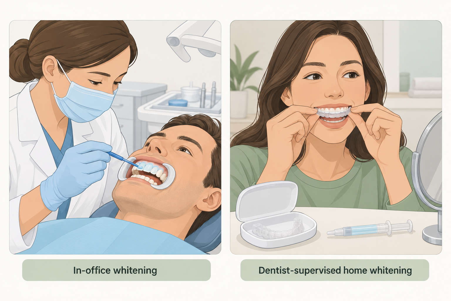 Whitening gel is applied in the clinic or used with a dentist-provided tray at home.